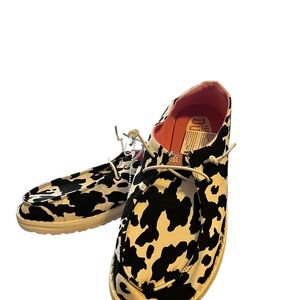 Hey Dude Black and White Wendy Cow Girl Sparkle Cow Print Sneakers size 8